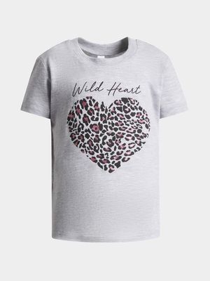 Younger Girl's Grey Melange Graphic Print T-Shirt