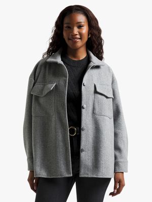 Women's Grey Melange Melton Shacket