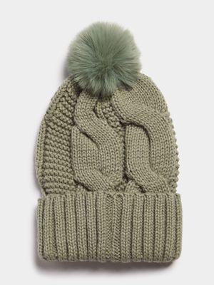 Women's Green Pom Pom Beanie