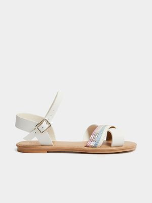 Younger Girl's White Rainbow Crossover Sandals