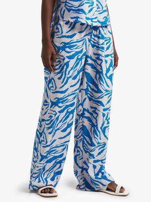 Women's Blue & White Abstract Print Relaxed Palazzo Pants