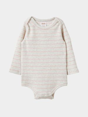 Cotton On Baby Beige & Pink Organic Newborn Pointelle Long Sleeve Bubbysuit