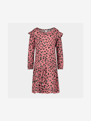 Younger Girl's Pink Animal Print Drop Tier Dress