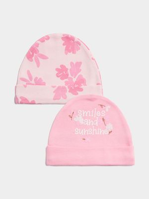 Jet Infant Girls Pink 2 Pack Pretty Flowers Beanies