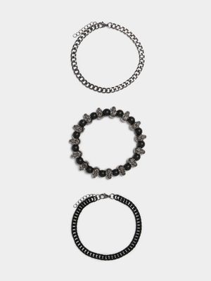 Men's Markham Skull and Chain Bead Gunmetal Bracelet Pack