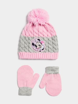 Jet Infants Pink Minnie Beanie and Mitten Winter Set