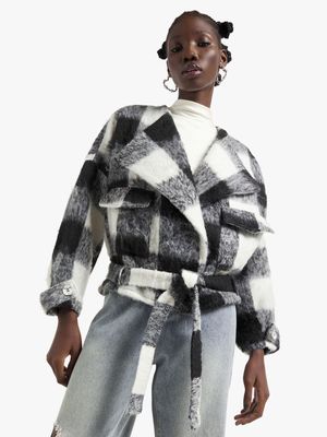 Women's Black & White Hairy Melton Jacket