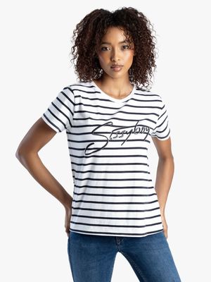 Women's Sissy Boy Navy & White Multi-Technique Logo Top