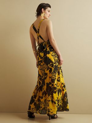 Women's Iconography Yellow Open Back Tiered Maxi Dress