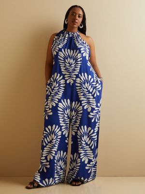 Women's Iconography Blue Halterneck Foliage Jumpsuit