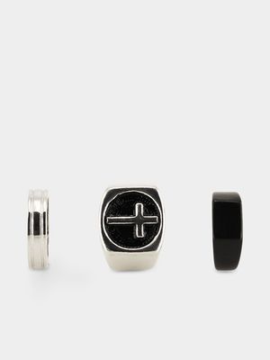 MKM Silver/Black Cross Band Signet Ring Pack