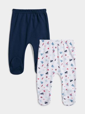 Jet Infant Boys Navy/White 2 Pack Marine Boats Leggings