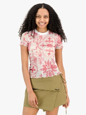 Women's Rosey & Vittori Red Printed Mesh T-Shirt