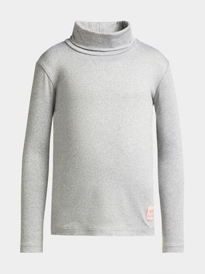 Older Girl's Grey Melange Poloneck Top