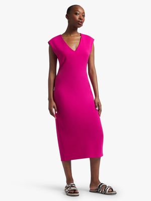 V-Neck Cap Sleeve Bodycon Midi Dress