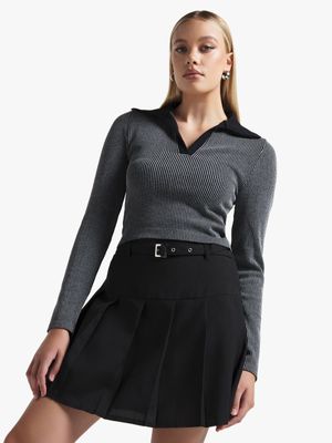 Women's Black & Charcoal Seamless Johnny Collar Top