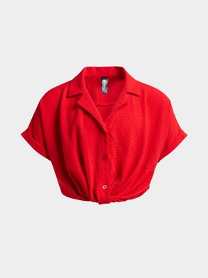 Jet Older Girls Red Twisted Hem Button Through Shirt