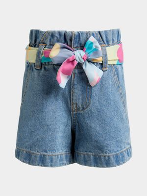 Younger Girl's Mid Wash Belted Denim Shorts