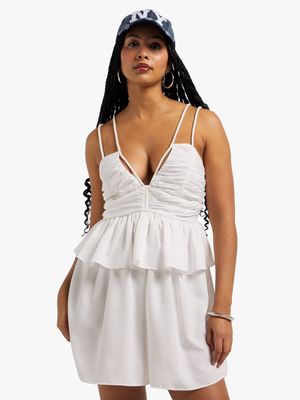 Women's White Ruffled Dress with Rope