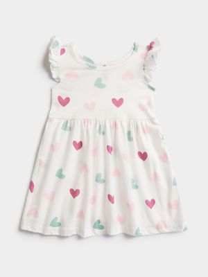 Jet Infant Girls Off White Hearts Frill Sleeve Dress