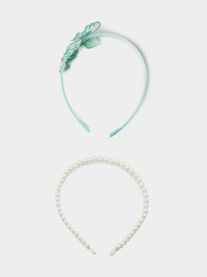 Girl's Green Butterfly & Pearl 2-Pack Alice Bands