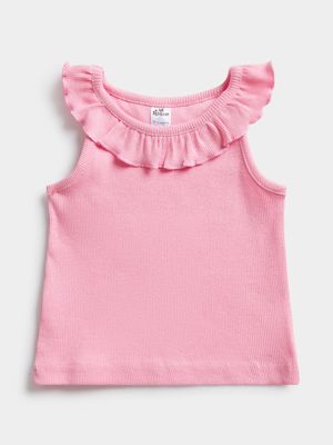 Jet Toddler Girls Candy Pink Neck Frill Ribbed Top