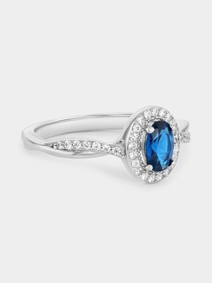 Sterling Silver Sapphire Blue Cubic Zirconia Oval Halo Promise Ring