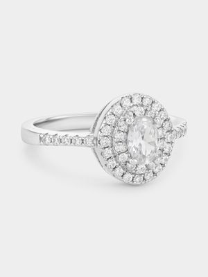 Sterling Silver Cubic Zirconia Oval Double Halo Ring