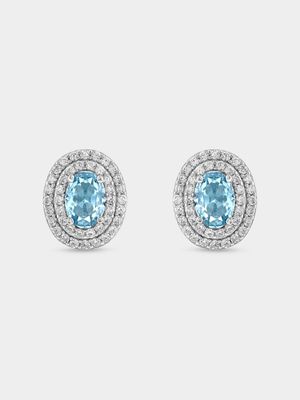 Sterling Silver Aquamarine Cubic Zirconia Oval Double Halo Stud Earrings