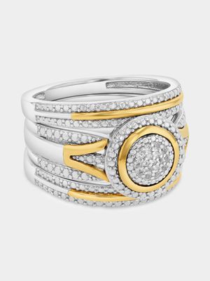 Yellow Gold & Sterling Silver Diamond Round Halo Branch Triple Set Ring