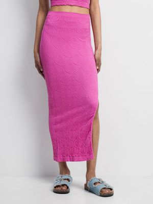 Women's Pink  Co-Ord Seamless Crochet  Midi Skirt With Slit