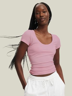 Women's Cotton On Pink Staple Rib Scoop Neck Short Sleeve Top