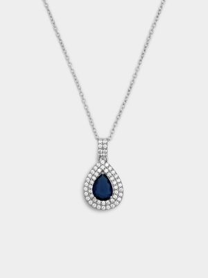 Sterling Silver Blue Cubic Zirconia Pear Double Halo Pendant