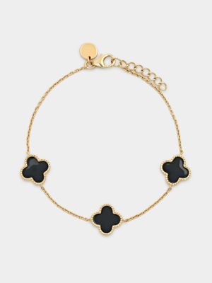 Gold Plated Sterling Silver Black Enamel Clover Bracelet