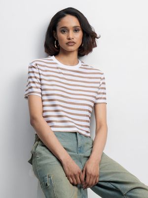 Women's White & Brown Stripe Boxy Top