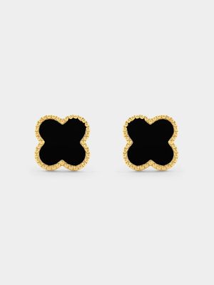 Gold Plated Sterling Silver Black Enamel Clover Stud Earrings