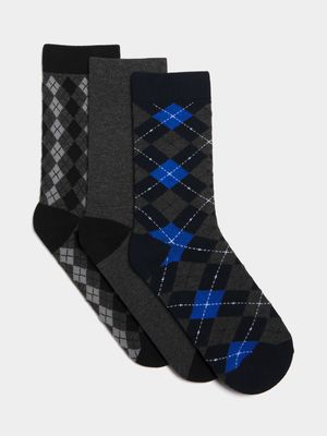 Men's Markham 3 Pack Formal Argyle Navy/ Grey Socks