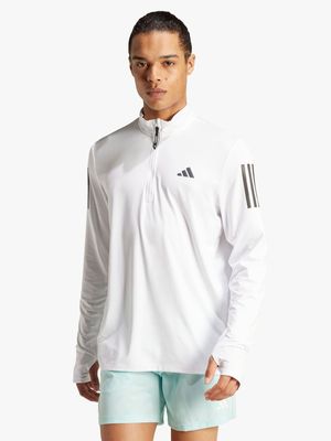 Mens adidas Own The Run 1/2 Zip White Long Sleeve Top