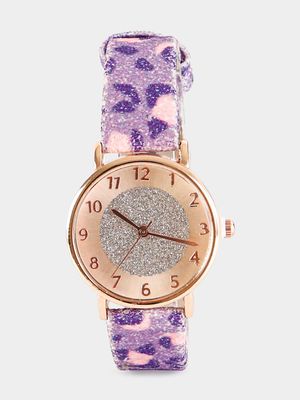 Girl's Purple Glitter Animal Print Watch