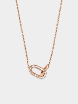 Rose Gold Plated Sterling Silver Cubic Zirconia Interlinked Oval Necklet