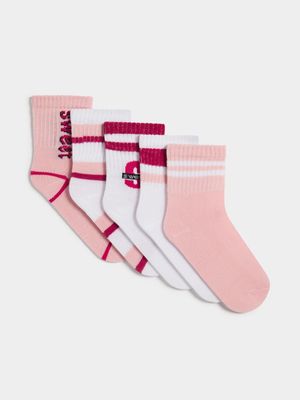 Jet Younger Girls Pink/White 5 Pack Stripes Anklet Socks