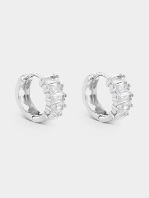 Sterling Silver Cubic Zirconia Baguette Mini Hoop Earrings