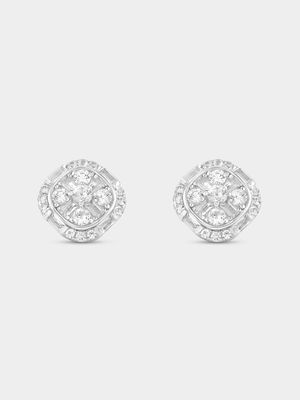 Sterling Silver Diamond Cushion Halo Stud Earrings