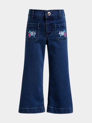 Younger Girl's Dark Wash Embroidered Wide Leg Jeans