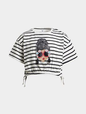 Jet Younger Girls White/Black Stripe Graphic T-Shirt