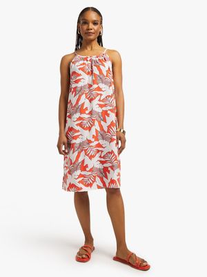 Jet Women's Orange/White Leaf Halter Neck Dress