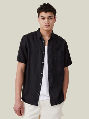 Men's Cotton On Black Linen Shorts Sleeve Shirt