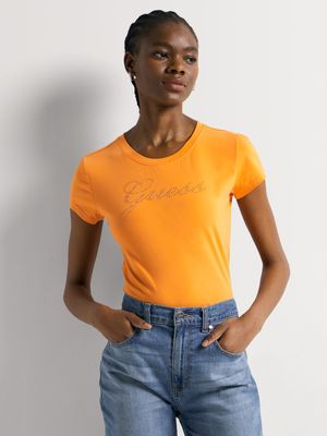 Women's Guess Orange Script Logo T-Shirt