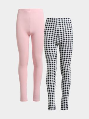 Jet Younger Girls Pink/Check 2 Pack Leggings