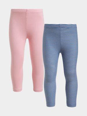 Older Girl's Pink & Blue Striped 2-Pack Leggings